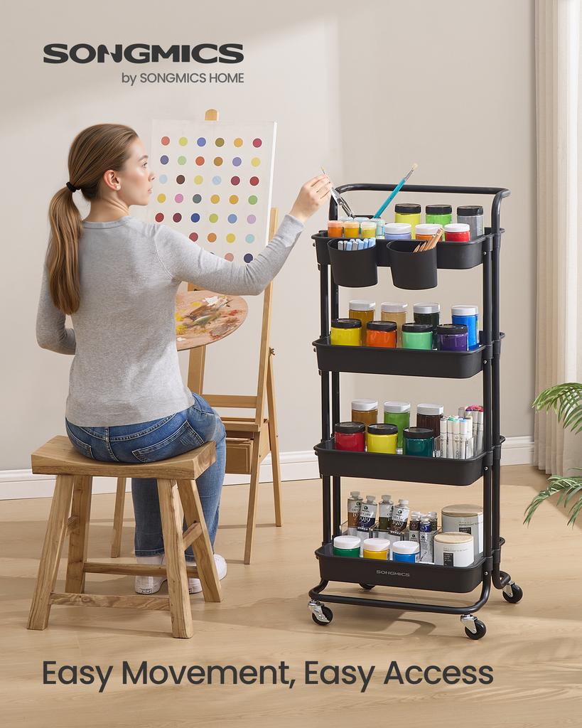 SONGMICS 4-Tier Storage Trolley, Rolling Trolley with Handle, 2 Small Organisers, Steel Frame, Steel Baskets, Utility Cart, Easy Assembly