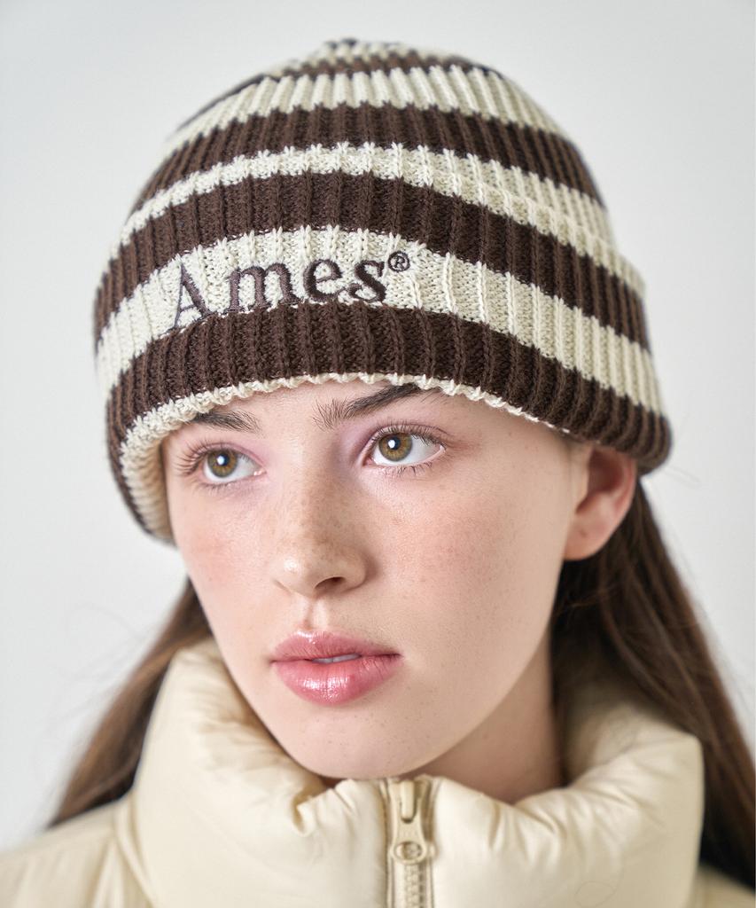AMES-WORLDWIDE Stripe Knit Beanie Brown