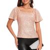 Summer New Women's Square Neck Fashion Short Sleeve Sequined Puff Sleeve Shirt