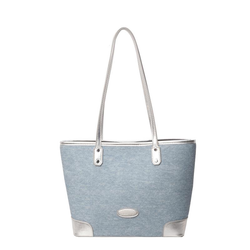 

Повседневная сумка контрастного цвета большой вместимости Женская новая джинсовая сумка через плечо Сумка-тоут для поездок на работу серебряный