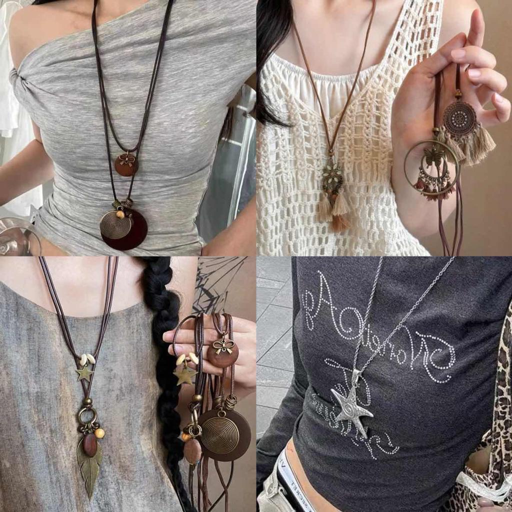 Bohemian Ethnic Distressed Bow Metal Necklace with Versatile Long Round Pendant 2025
