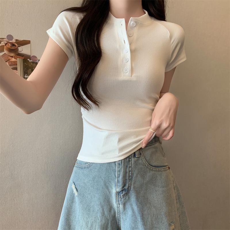 2026 Summer Korean-Style Slim Fit Short-Sleeve Button T-shirt for Women Medium белый