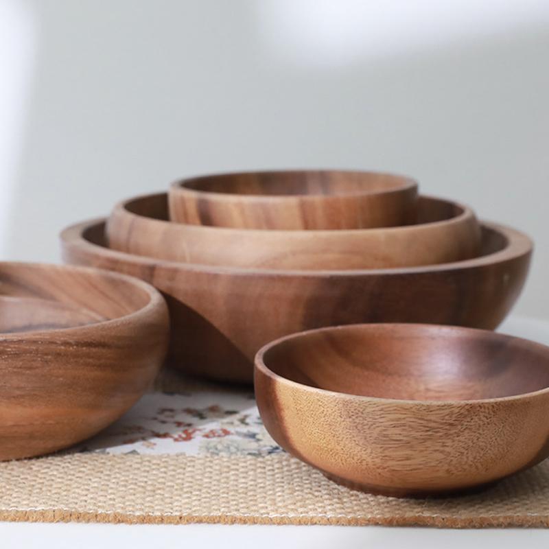 NEW Natural Hand-Made Wooden Salad Bowl Classic Large Round Acacia Wood Salad Soup Dining Bowl Plates Premium Kitchen Utensils