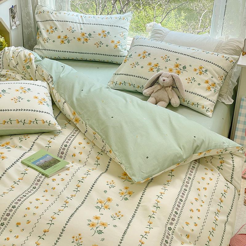 Pure Cotton Printed Four-piece Set, Pure Cotton Bed Sheet, Quilt Cover, Small Fresh Three-piece Set, Bed Home Thickened Quilt Cover