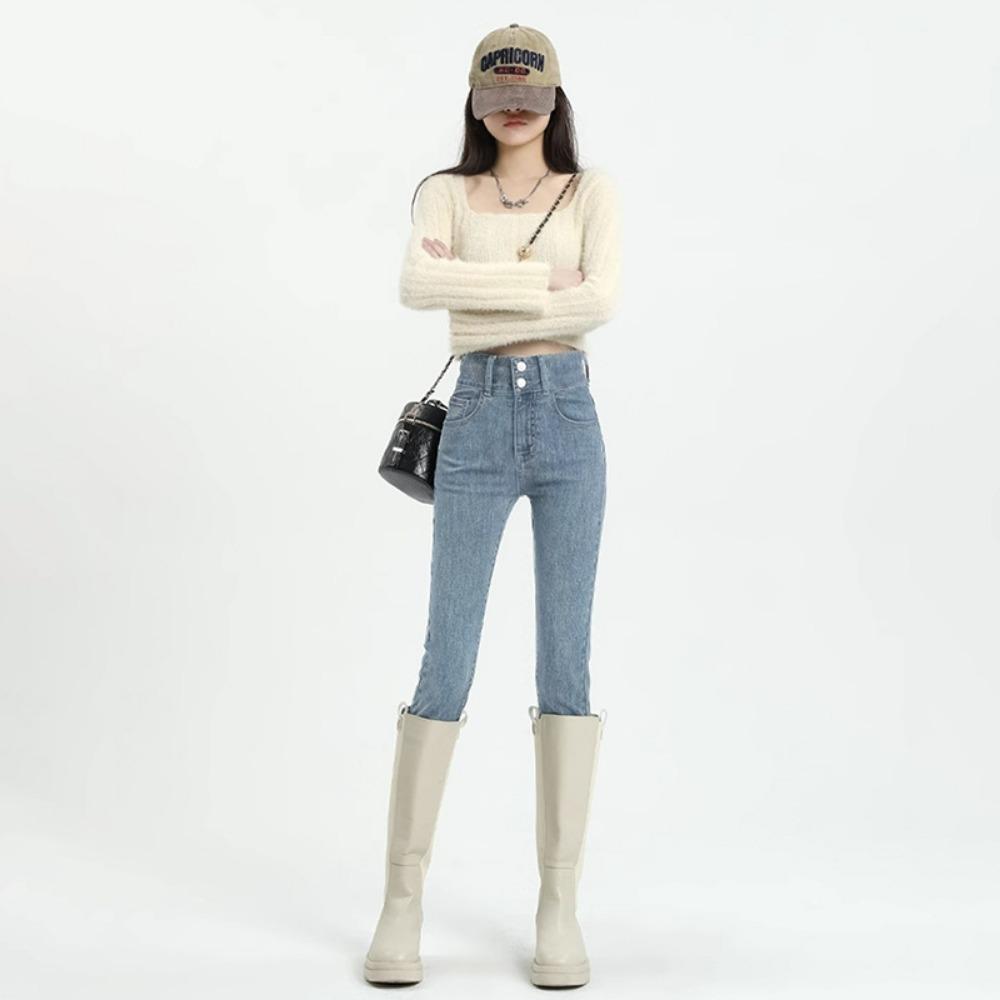 

Casual skinny small-footed jeans women s autumn and winter 2025 new high-waisted and thin small pencil jeans 32 светло-синий