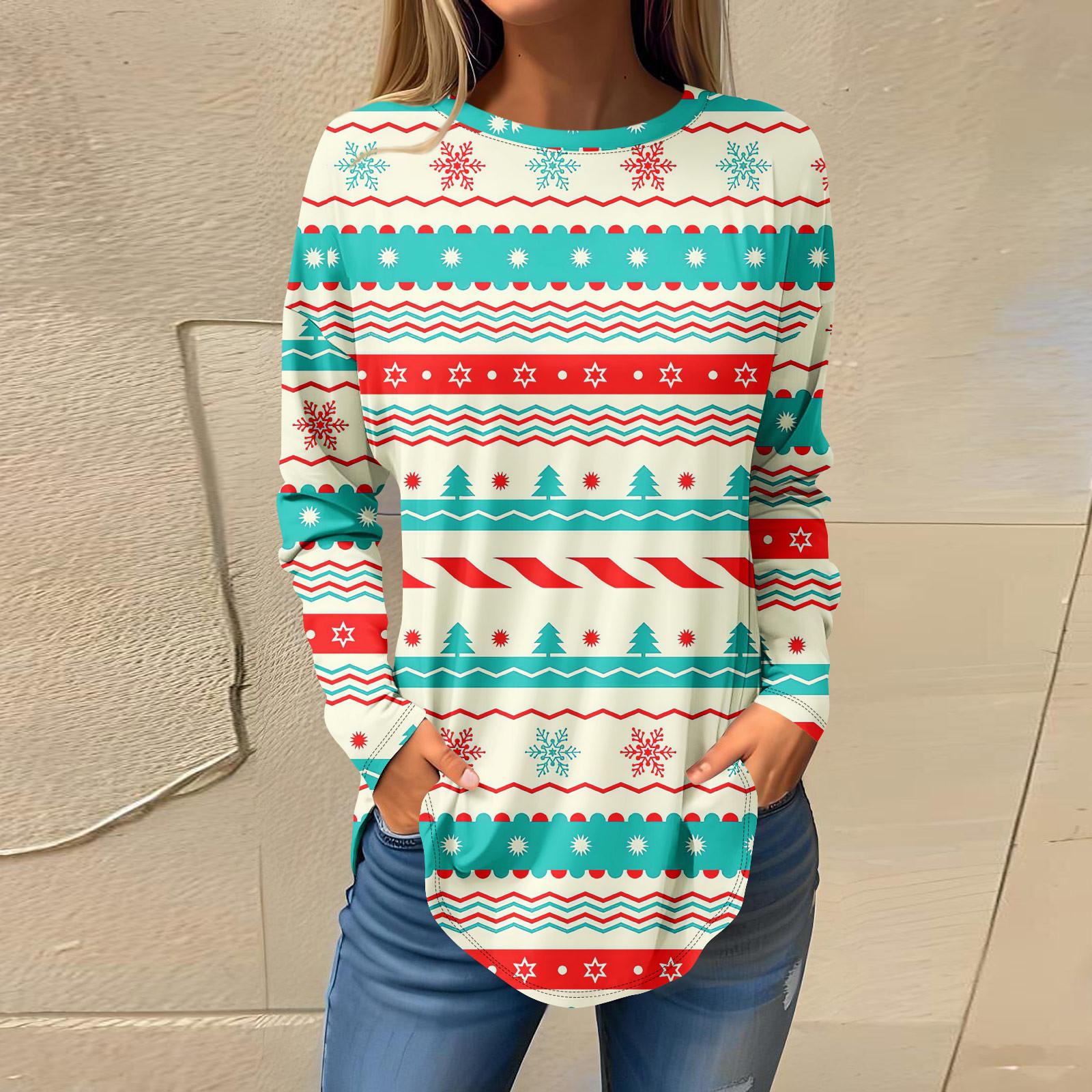 

Футболки для женщин, осенние повседневные рубашки с длинными рукавами, толстовка с ретро-принтом, топ для рождественской вечеринки, пуловер XXL