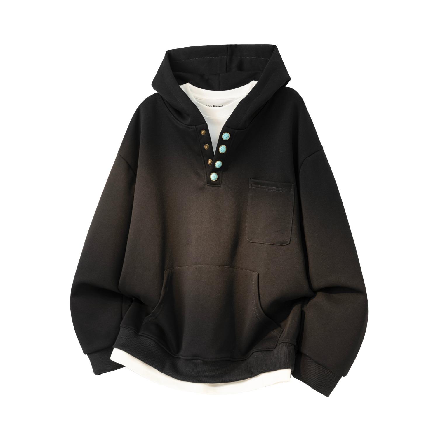 Unisex Gray Retro Hooded Sweatshirt with Button Accents M