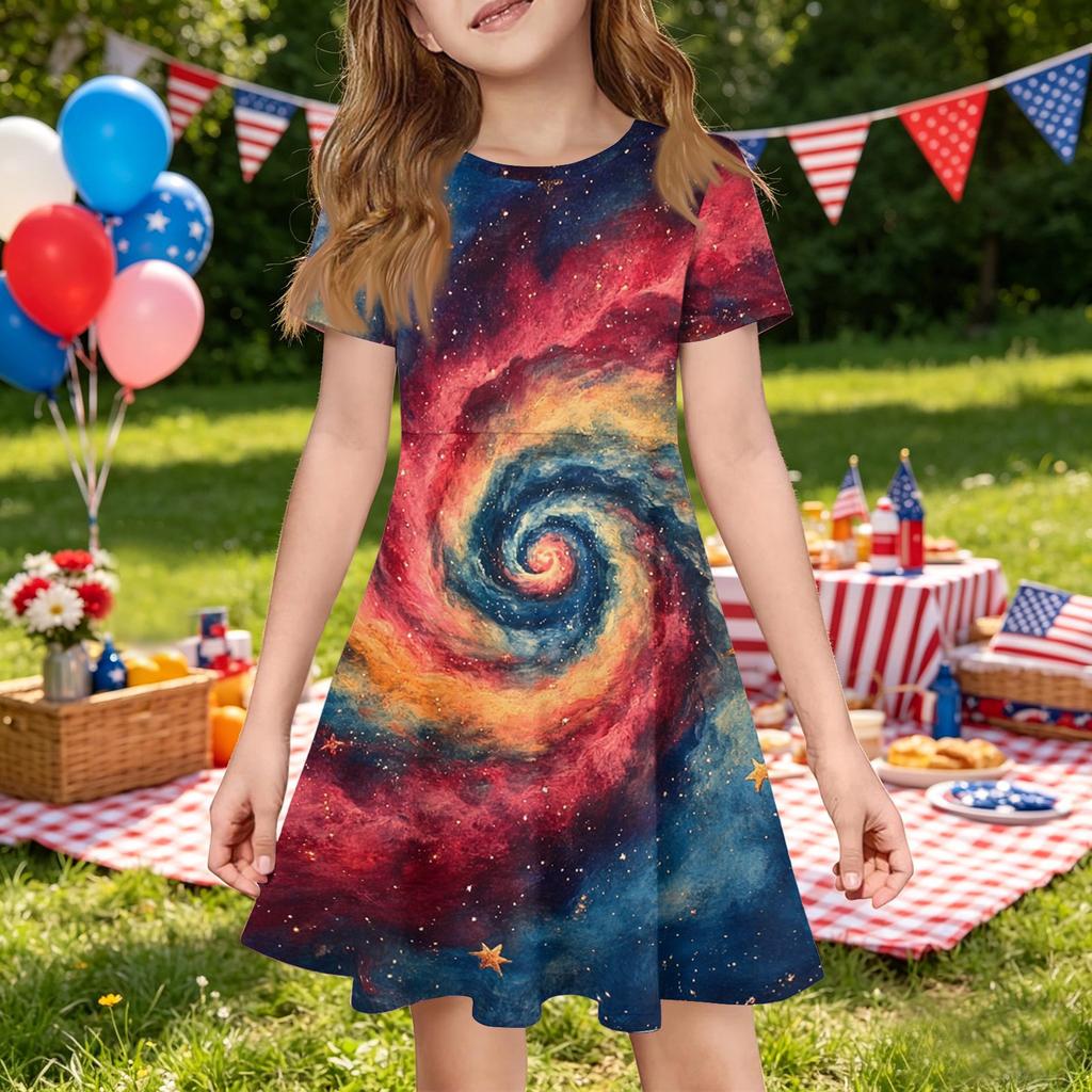 Girls Short Sleeve Dress with Pocket Independence Day Print Casual Comfortable Fit A-Line Skater Dress for Summer
