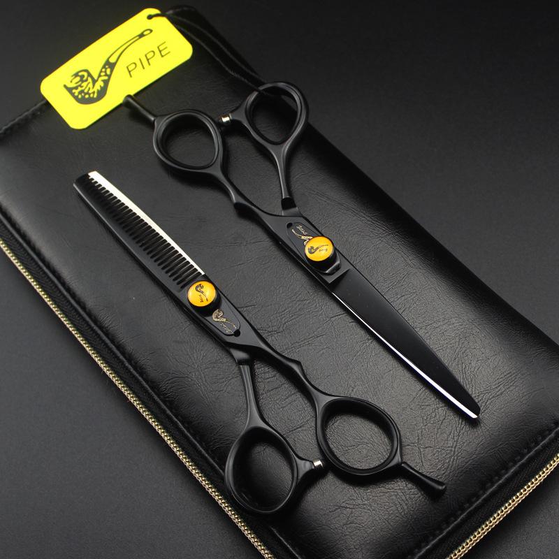 Black Baking Paint Hairdressing & Thinning Scissors Set 6 inch Black Pipe Thinning Shears