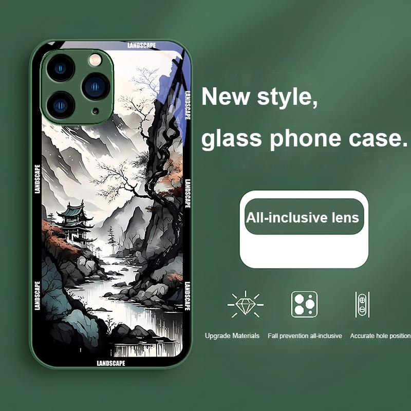 Chinese Landscape Painting For Iphone 16 Plus 15 14 13 12 Mini 11 Pro Max X XS XR 7 8 Plus 2022 Tempered Glass Phone Case