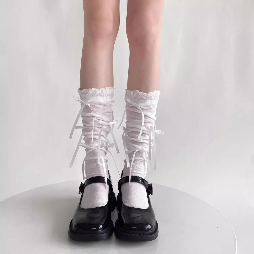 White Calf Socks for Women Summer Thin Bowknot Ballet Bubble Cuff Mary Jane Slouch Socks