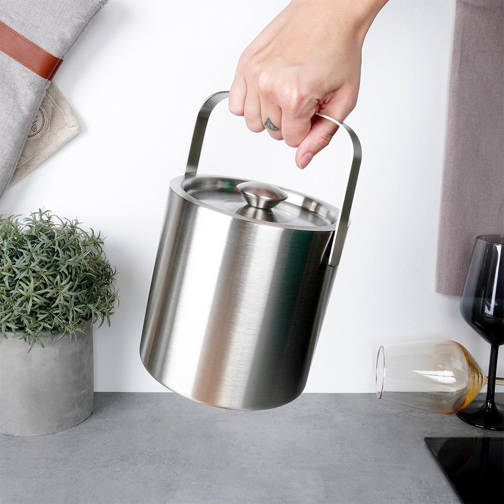 Steel Thermal Ice Cube Bucket Thermos Ice Container + Tongs