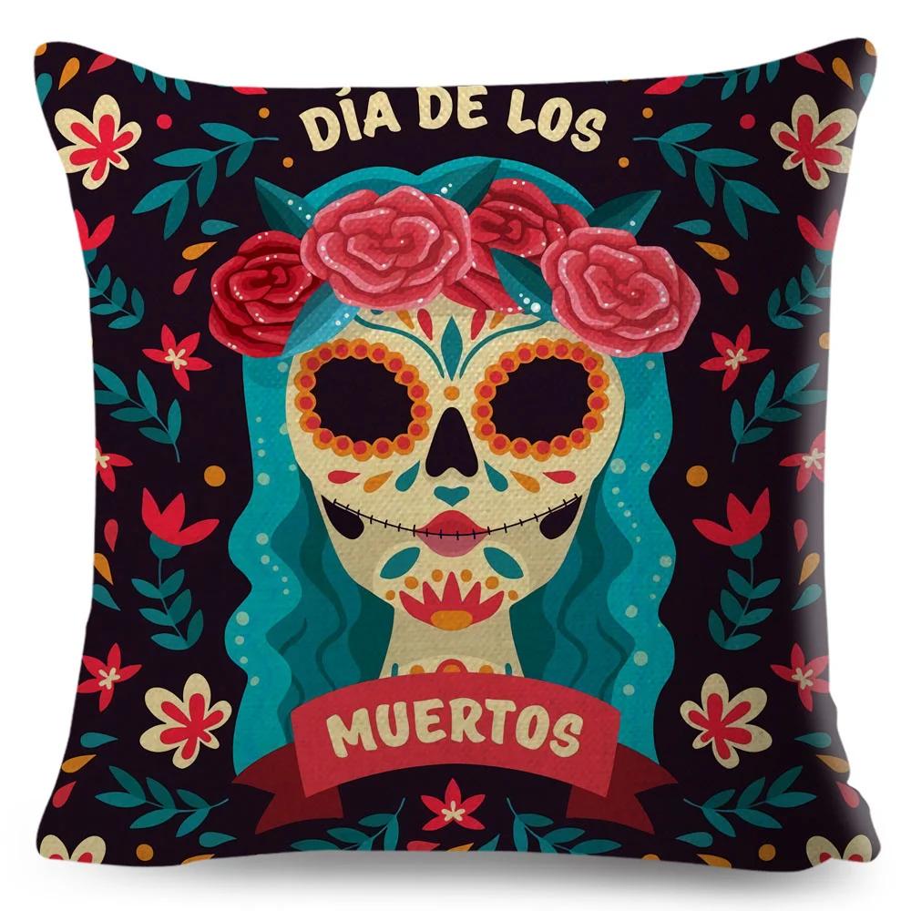 Day Of The Dead Pillowcase Decor Cartoon Mexico Flower Skull Print Cushion Cover for Sofa Home Polyester Pillow Case 45x45cm