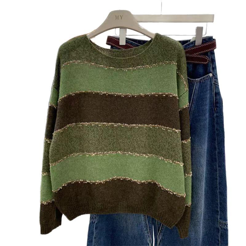 Korean-Style Striped Knit Sweater for Women - 2025 Autumn Collection