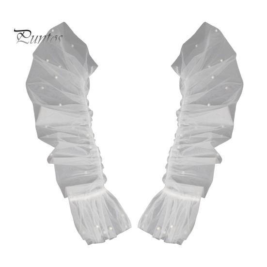 1 Pair Women Prom Arm Covers See-through Lace Faux Pearl Decor Thin Ruffle Pleated Fingerless Literary Style Performances Bride Wedding Photo Prop