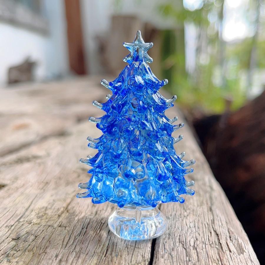 Glass Christmas Tree Figurines Set of 3 Decorative Holiday Ornaments with Star Tops for Table Centerpiece or Shelf Display