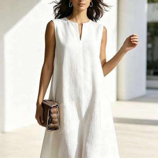 Summer Sleeveless Dress for Women Casual V Neck Long Tank Dress Flowy A-line Beach Sundress with Pockets