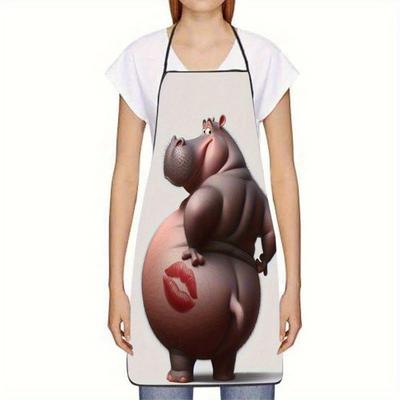 1pc Funny Cartoon Hippo Print Kitchen Apron, Cute Novelty Cooking Apron for Home BBQ Baking