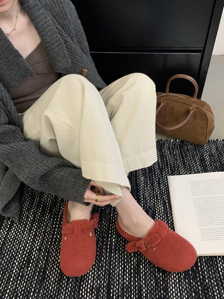 2025 Autumn and Winter New Round Head Lamb Wool Belt Buckle Thick Bottom Bag Head Lazy Wearing Women's Slippers