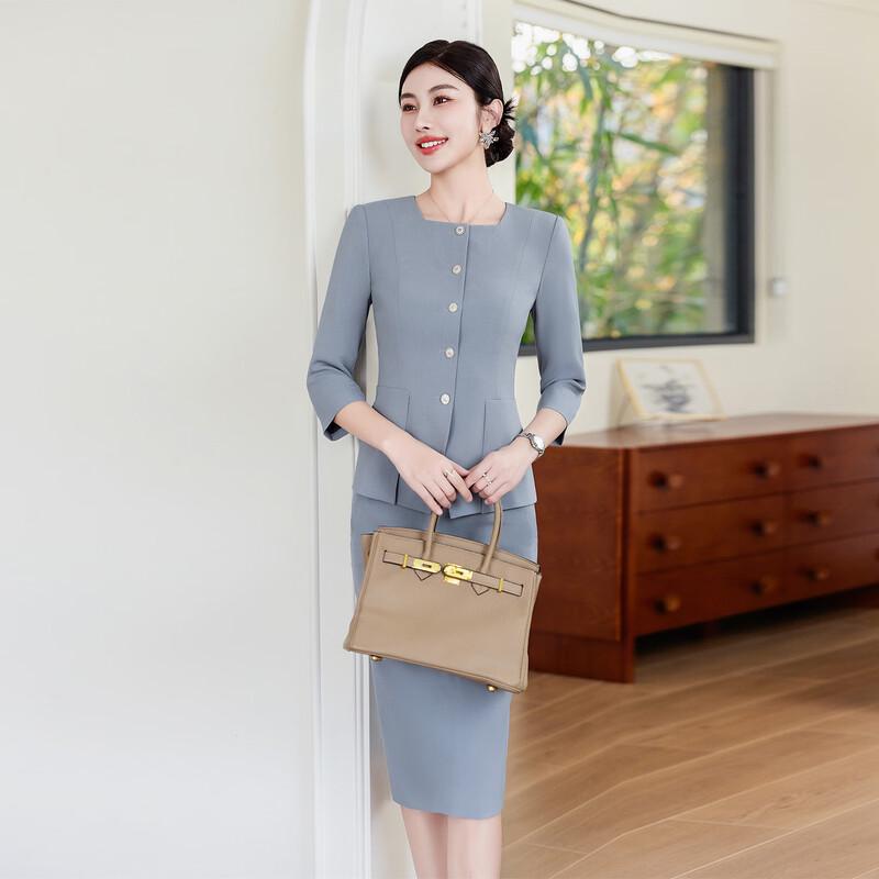 Women's Blue-grey 3/4 Sleeve Business Suit Set