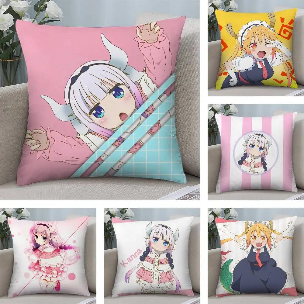 Anime Miss Kobayashis Dragon Kobayashi Kanna Pillow Case Square Double‑Sided Print Cushion Case For Sofa Home Bedchamber Decor