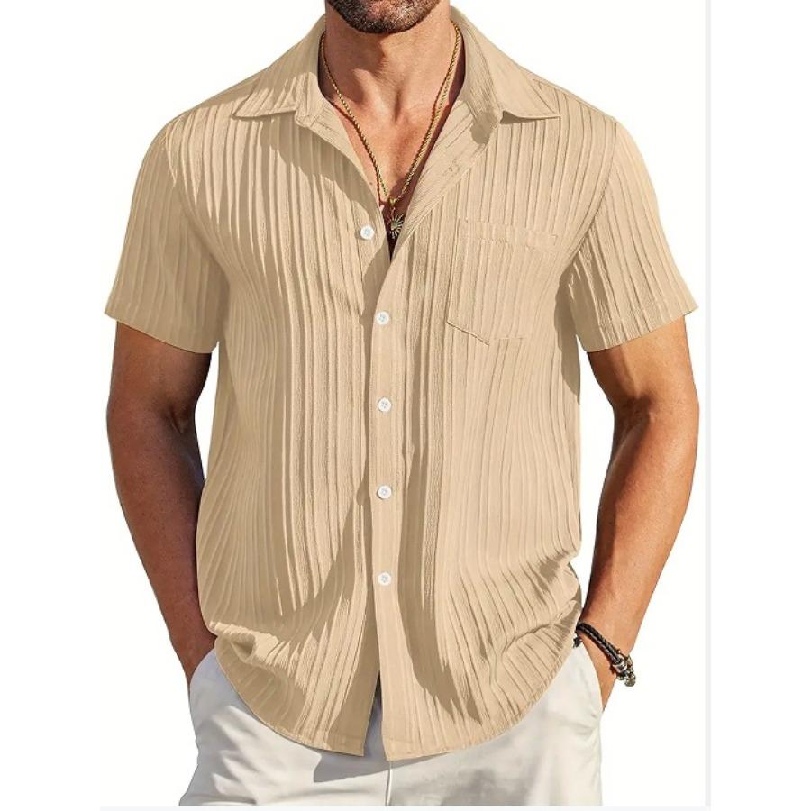 Men's Summer Pleated Beach Shirts Casual Short Sleeve Lapel Collar Button Up Shirt