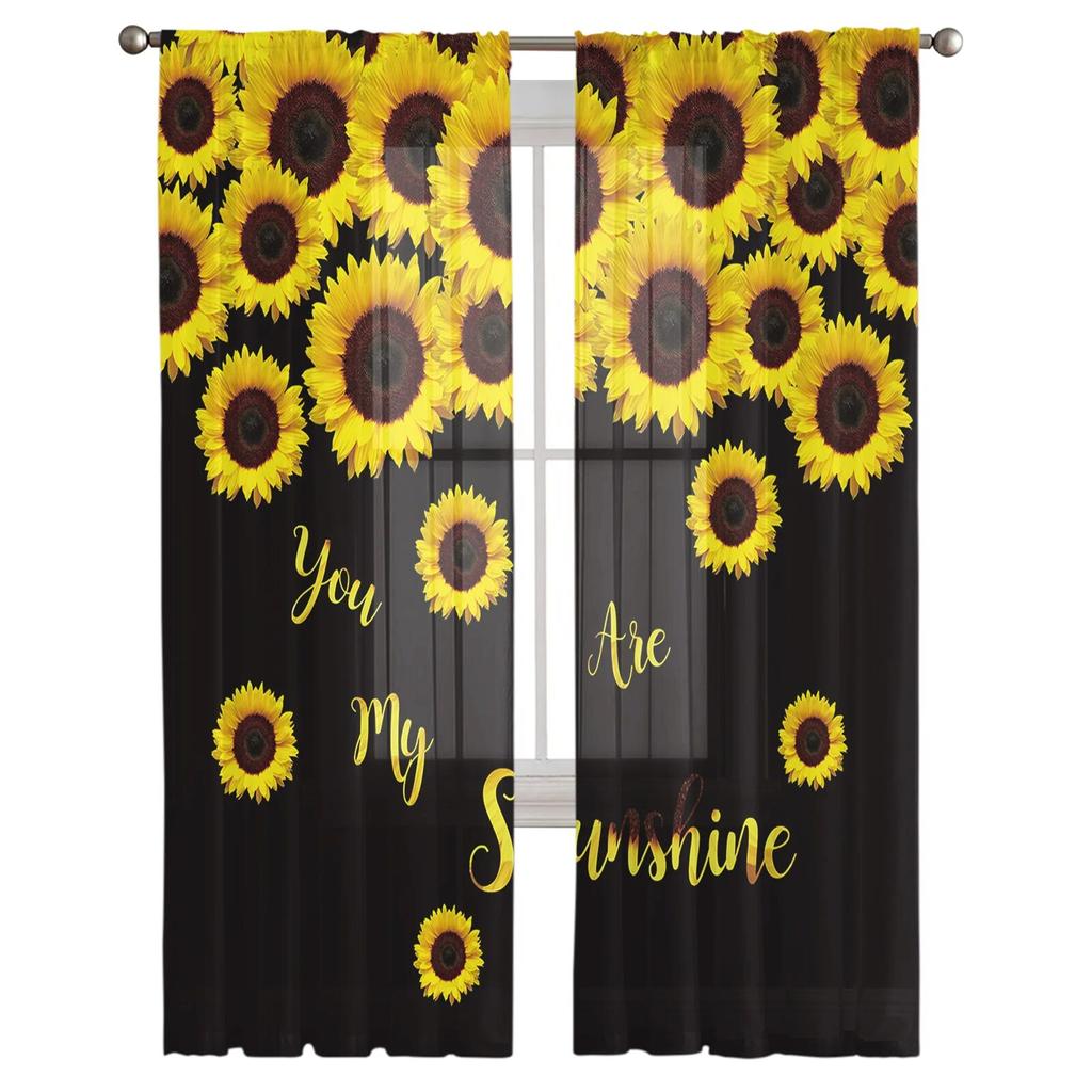 Sunflower Black Background Tulle Curtains Living Room Kitchen Chiffon Curtain Bedroom Balcony Sheer Curtain Fashion Home Decor