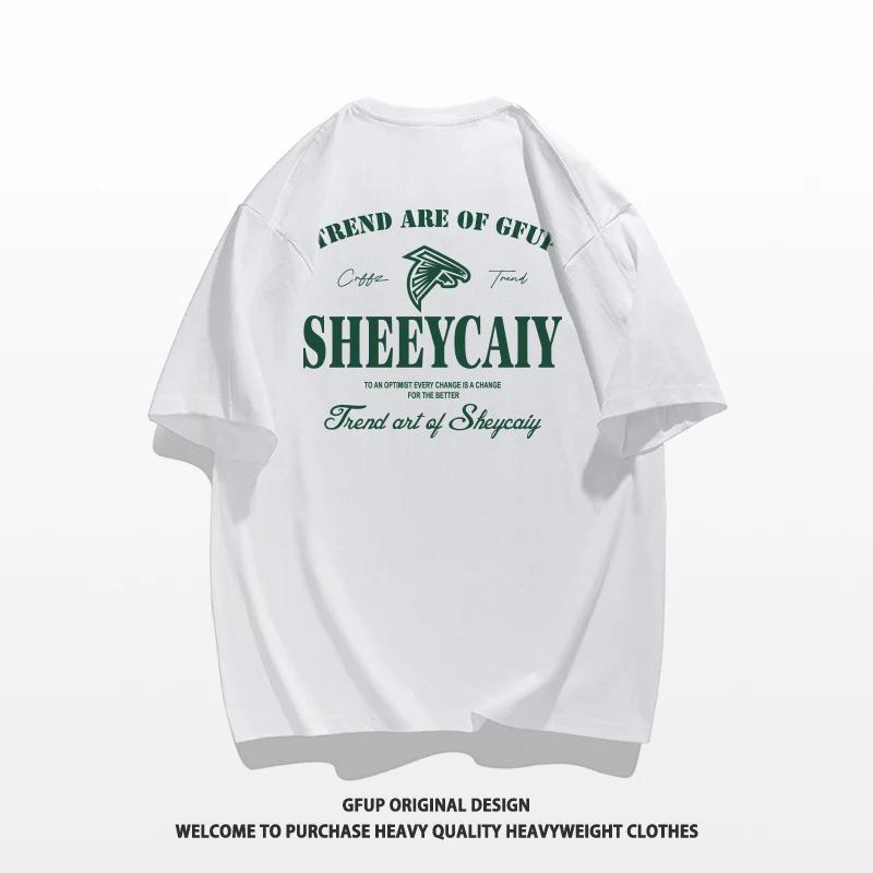 Camiseta de calle deportiva informal de alta calidad con estampado de algodón 100% con letras en inglés para hombre de peso pesado a la moda de verano