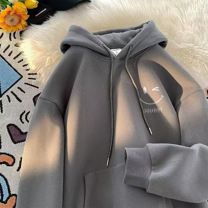Smiling Face Unisex Hoodie - Spring/Autumn 2024 Trendy Fleece-Lined Loose Fit