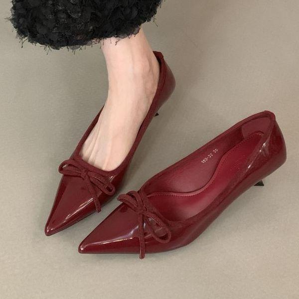

French gentle wind bow shallow mouth single shoes women s shoes 2025 new spring and autumn temperament pointed thin heel commuter shoes 40 бордовый