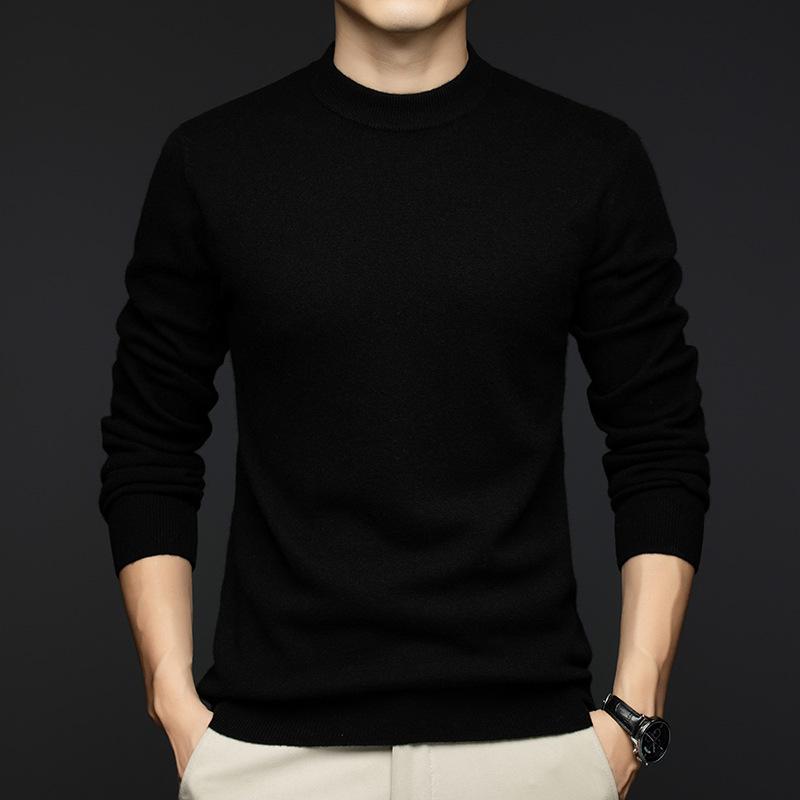 Winter 2025 Men's Cashmere Round Neck Sweater - Fashionable, Warm, Solid Color Base Layer