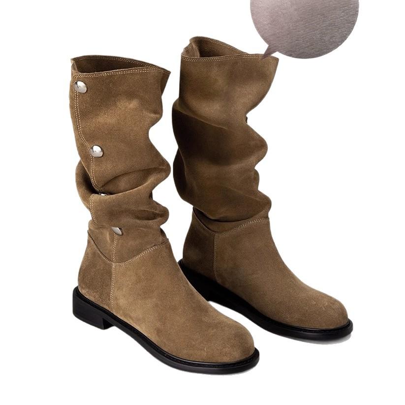 Niche Button Foldable Slim Pile Boots But Knee Leather Boots Two Wear Women's Medium Tube Knight Boots Long Tube Martin Boots