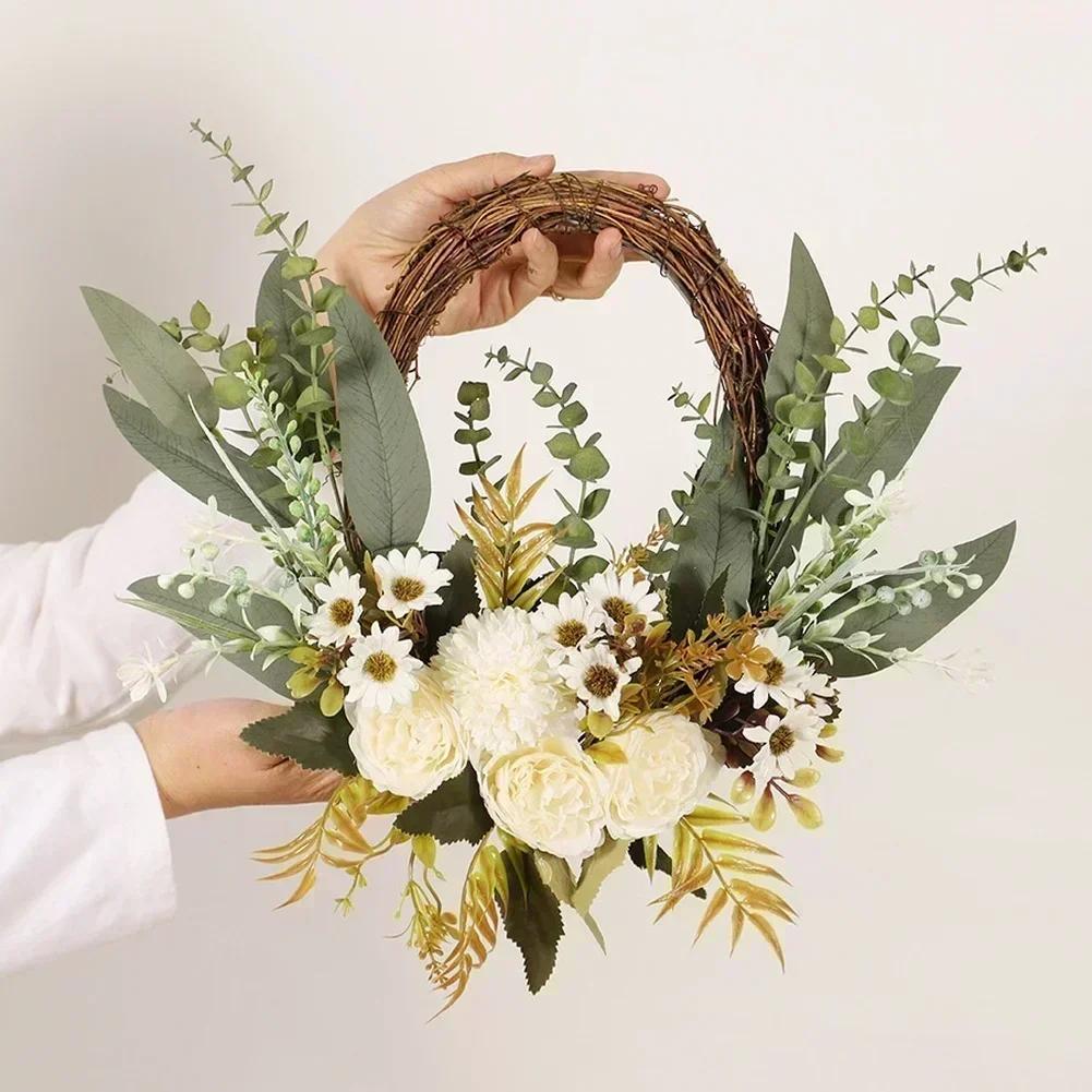 Floral Artificial Wreath for Wall and Door Decoration Featuring Fabric and Plastic Construction for Weddings and Events