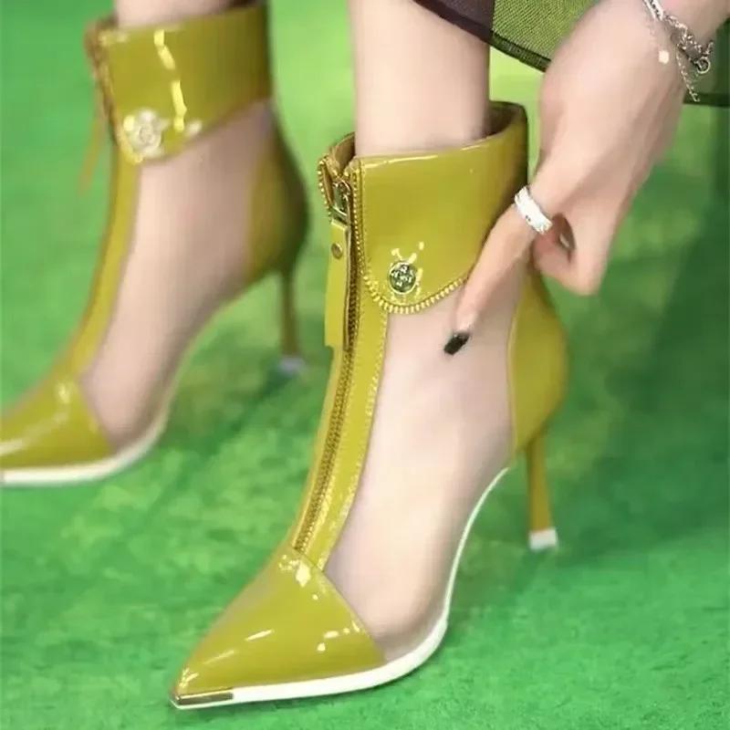 

Летние модные заостренные носки на тонком каблуке с молнией спереди, новые короткие сапоги, сексуальные элегантные туфли на высоком каблуке для женщин, женские туфли Chaussure Femme 39 зелёный