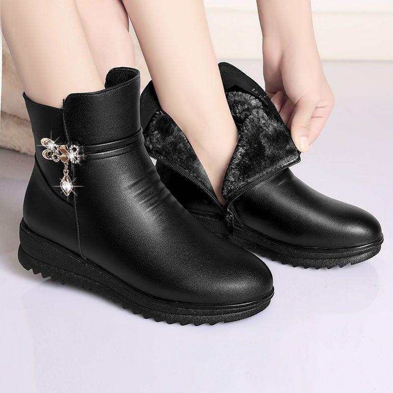 Women's Boots Leather Ankle Boots New Winter Plush Platform Snow Boots Zipper Black Women Cotton Shoes Classic Warm Casual Boot