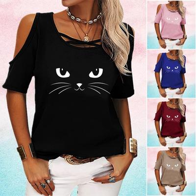 Women Casual T-shirt Summer Short Sleeve Top Fashion Round Neck Off Shoulder Shirt Cat Printed Tee Shirt Pullover Loose Blouse Ladies T-shirt