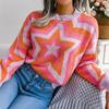 Women Y2K Autumn Winter Contrast Star Long Sleeve Pullover Sweater O Neck Knitted Tops