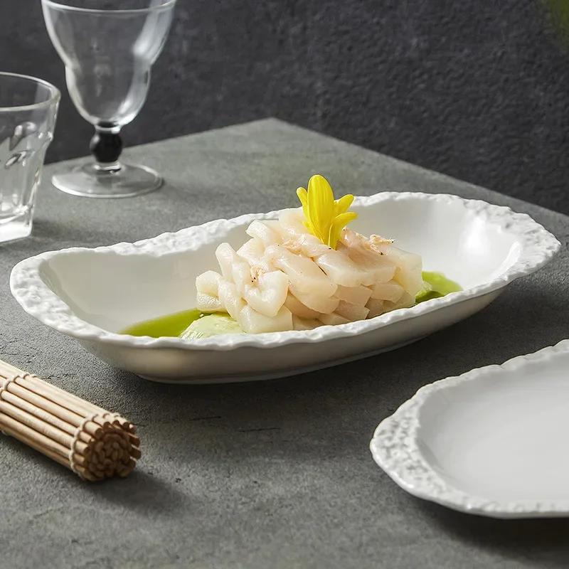 Creative Stone Pattern Edge Ceramic Plate Pure White Salad Plate Dessert Plate Thick Soup Plates Deep Plates Hotel Tableware