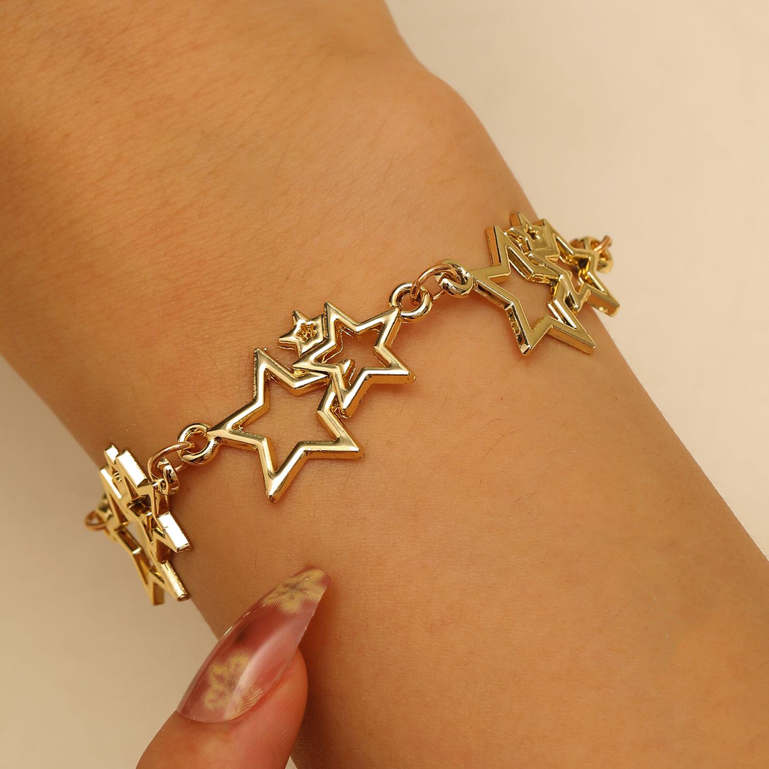 

Hip-hop Stars Charm Link Chain Bracelets for Women Girls Punk Grunge Five-pointed Star Bracelet Y2k Fashion Zircon Accessories золотистий