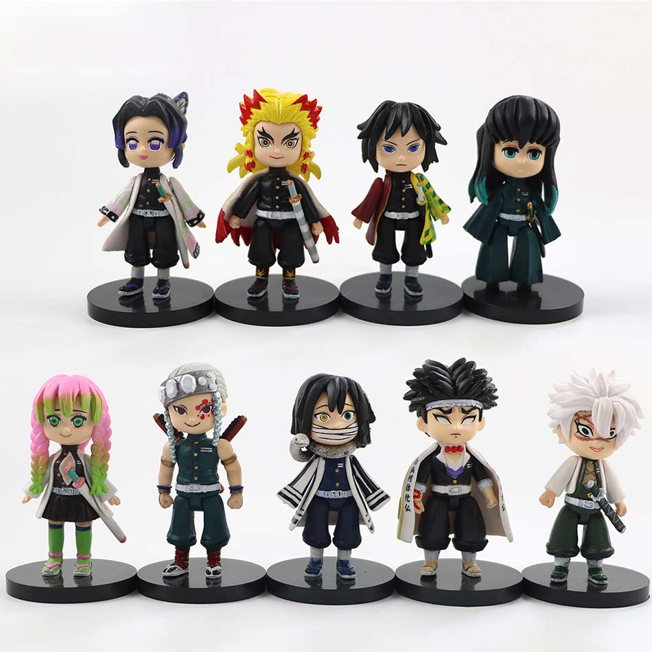 9Pcs/Set Demon Slayer Q Version Sitting Figure Toy Anime Kimetsu no Yaiba Tanjiro Nidouzi Inosuke Zenizu PVD Figurine Model Doll