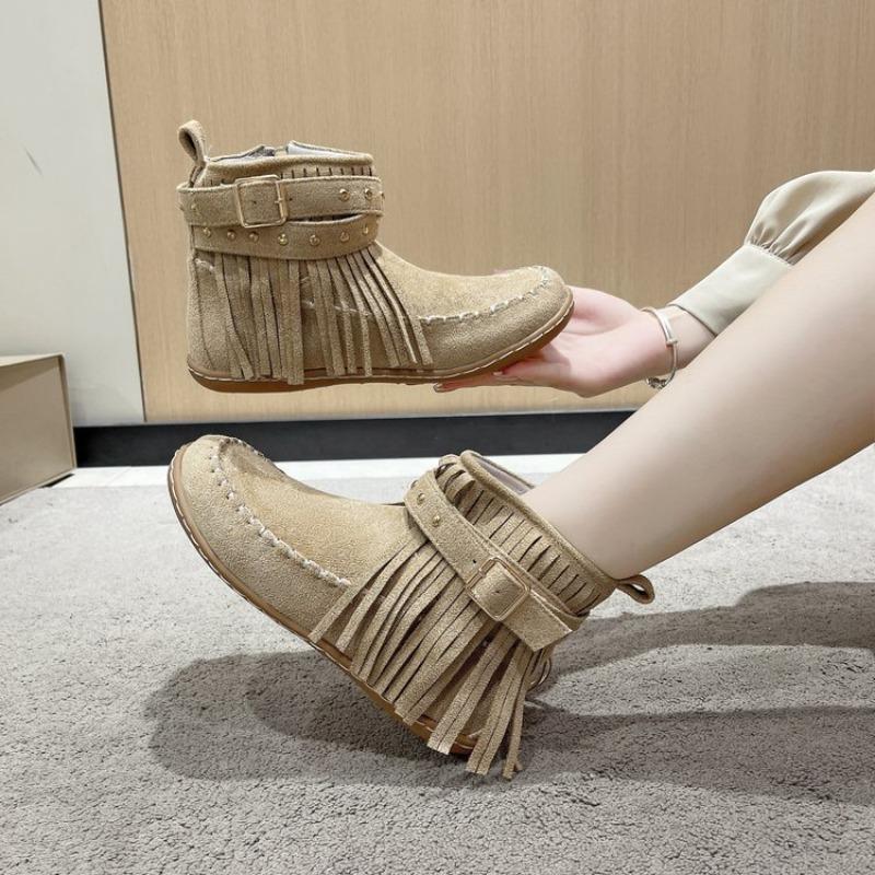 Fashion Plus Size Side Zip Flat Shoes Round Toe Rivet Metal Buckle Soft Sole Anti-Slip Wear-Resistant Short Cylinder Cotton Boots
