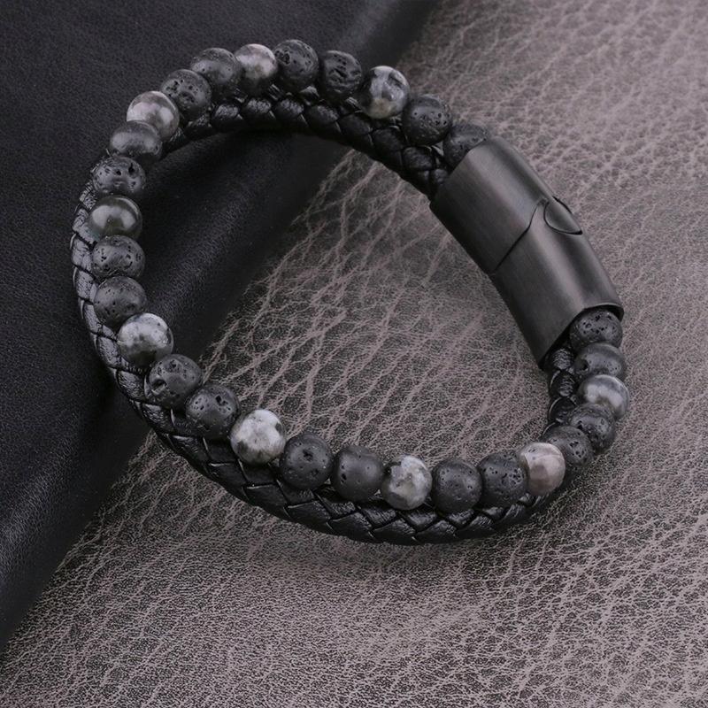 Men's Black Braided Leather Bracelet with Natural Stone and Volcanic Lava