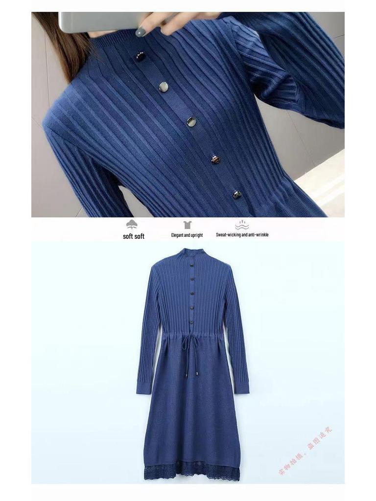 Women's Mid-Length Velvet Thick Knit Dress, Lace Loose Half-High Neck, Autumn/Winter 2025 Collection