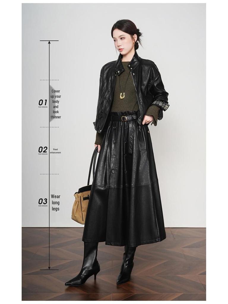 Women's Elegant Lambskin High Waist Pleated A-line Skirt, Mid-length Korean Style