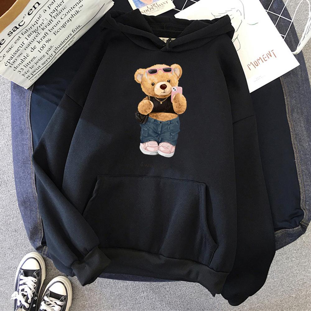 

Street Teddy Bear Selfie Swag Girl Funny Women Clothes Breathable Loose Hoodies Harajuku Pocket Sweatshirt Soft Crewneck Hoody 3XL
