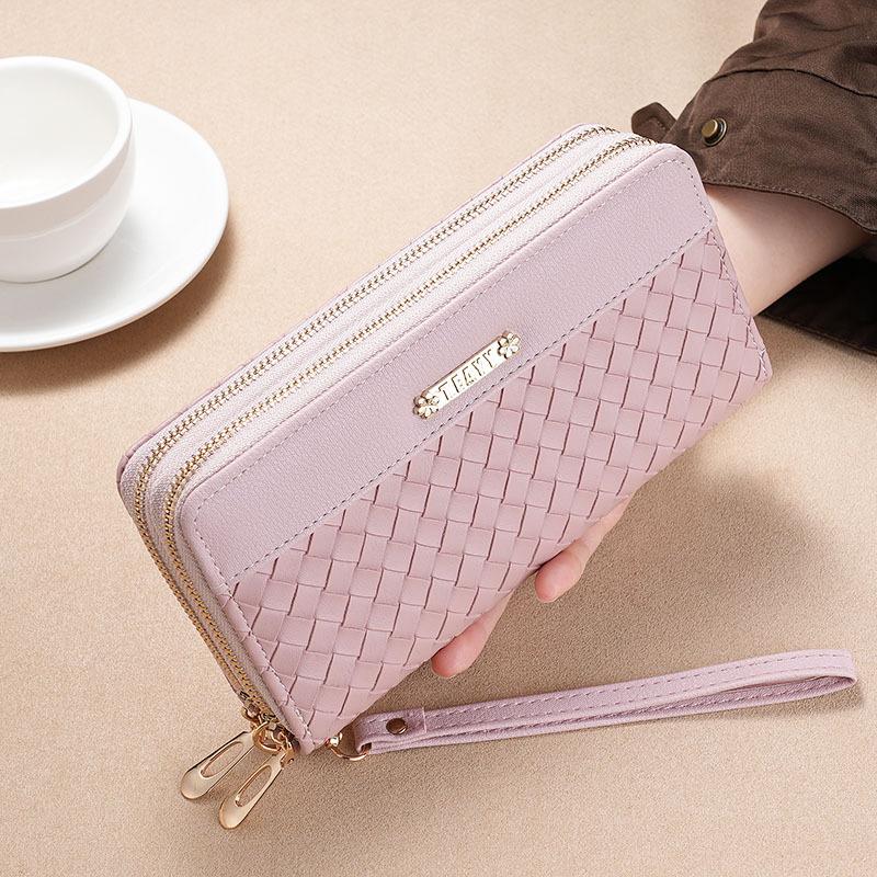 Women’s Double Zipper Long Wallet Woven PU Leather Clutch Purse Large Capacity Wristlet Wallet Card Holder Phone Wallet with Strap