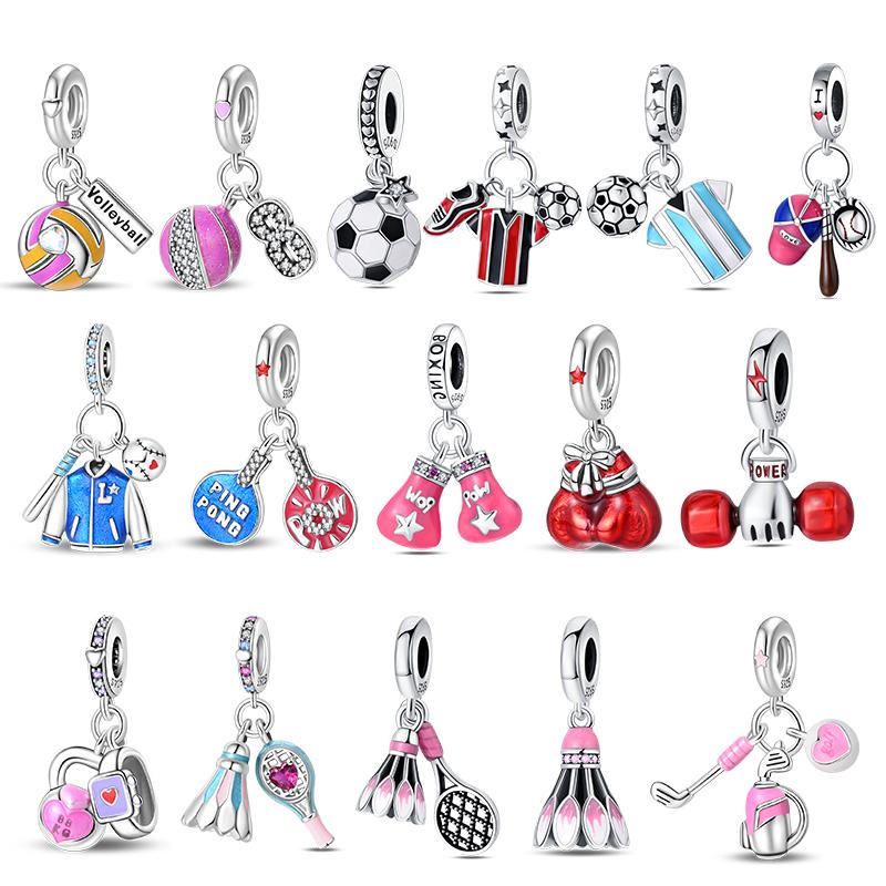 Copper Sports Badminton Football Dumbbells Beads Dangle Fit Charms Copper Original Bangle Bracelet Diy Jewelry