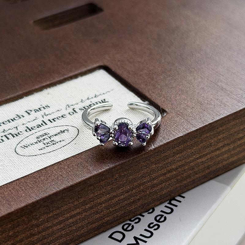 Sweet And Cool Girl'S Heart Bow, Purple Zircon Diamond-Set Open Ring, Light Luxury Niche High-End Sense Stacked Index Finger Ring