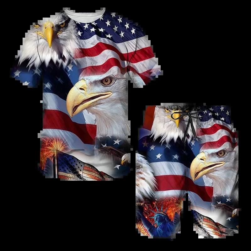 Nuovo set estivo da uomo T-shirt e pantaloncini Aquila Bandiera USA Set 3D Set due pezzi Tempo libero Moda Manica corta Set completo di abbigliamento