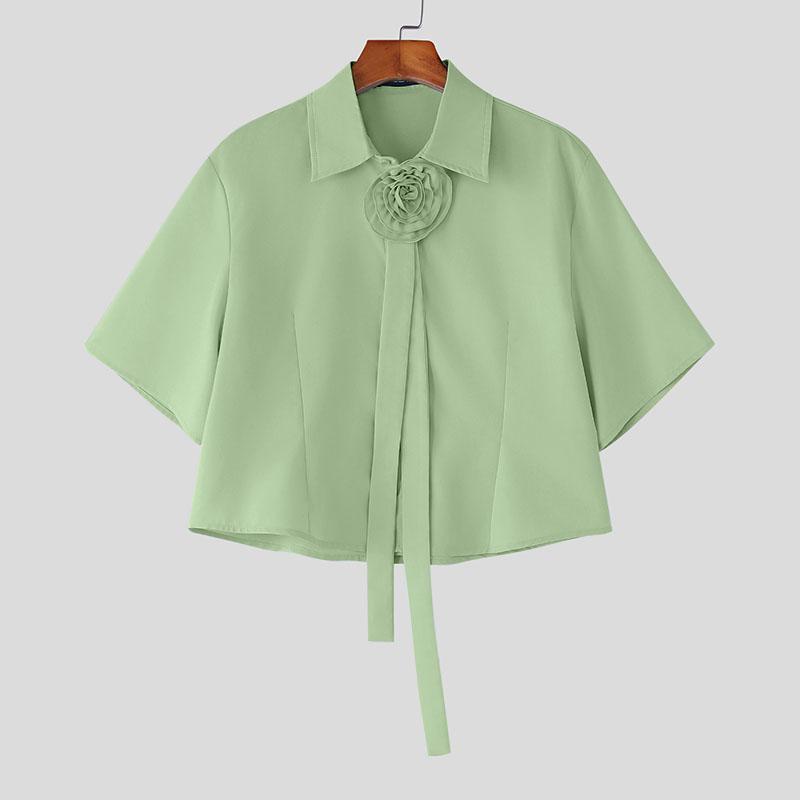 INCERUN Men Cropped Shirts Casual Loose Flower Tie Neck Short Tops